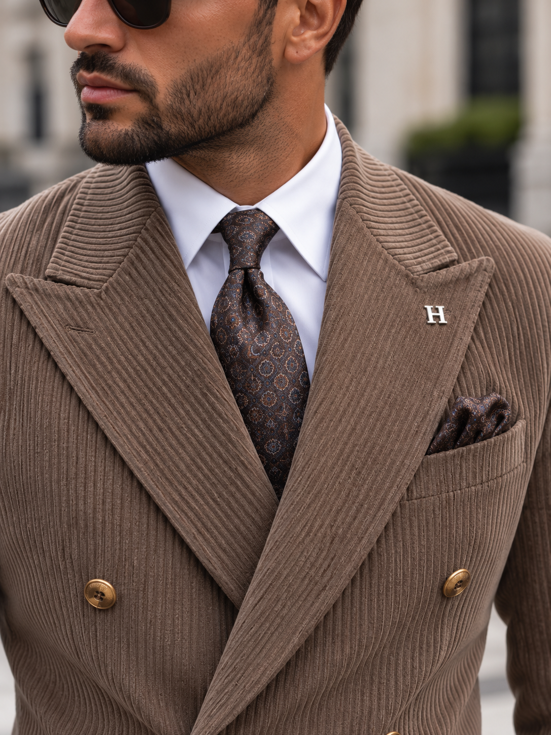 Dilayla Palace Brown Corduroy Slim Fit Double Breasted Suit - MrGuild