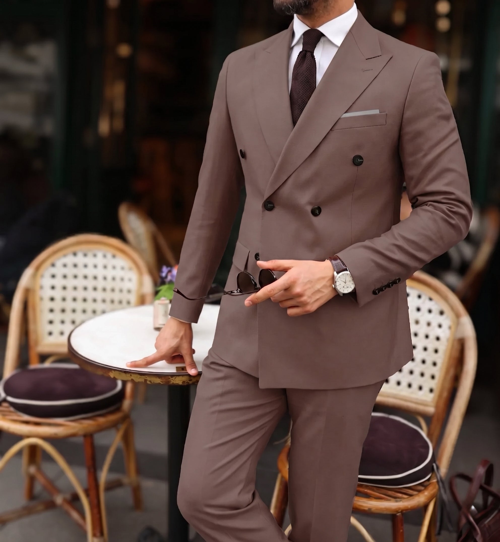 Emily Villas Mocha Brown Plain Slim Fit Double Breasted Suit | MrGuild