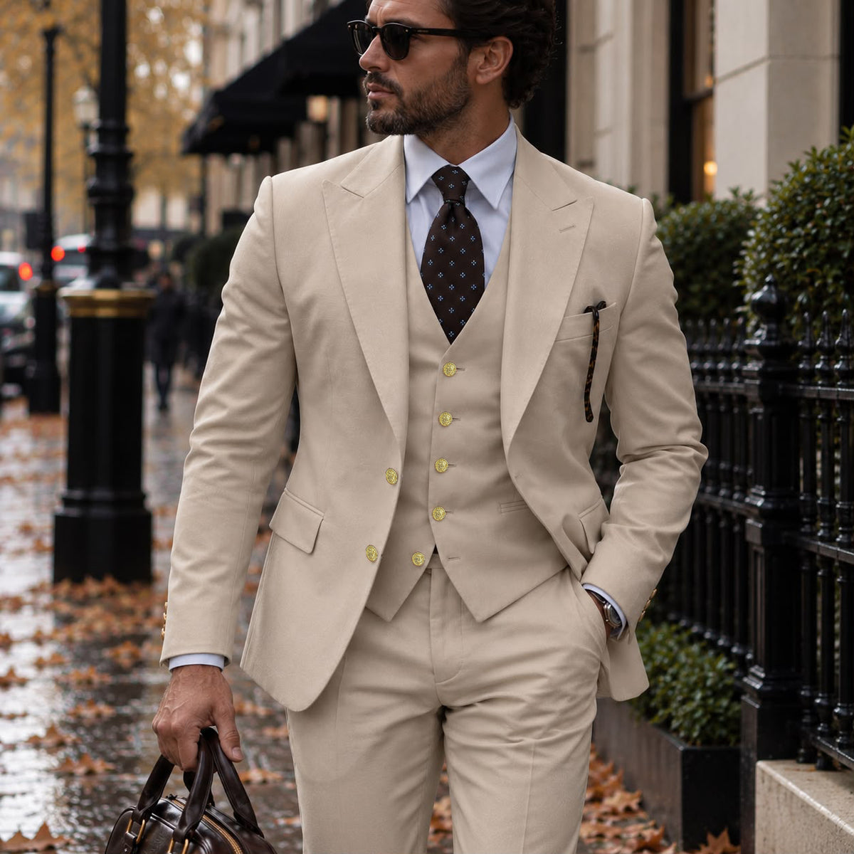 Governor Place Cream Plain Slim Fit Three Piece Suit