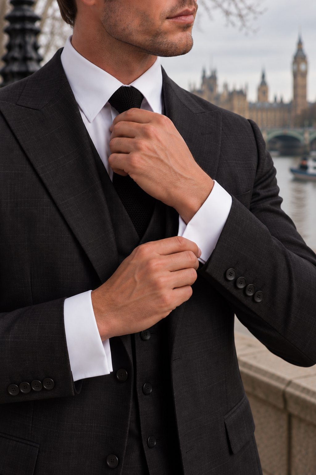 Kapland Row Black Chequered Slim Fit Three Piece Suit