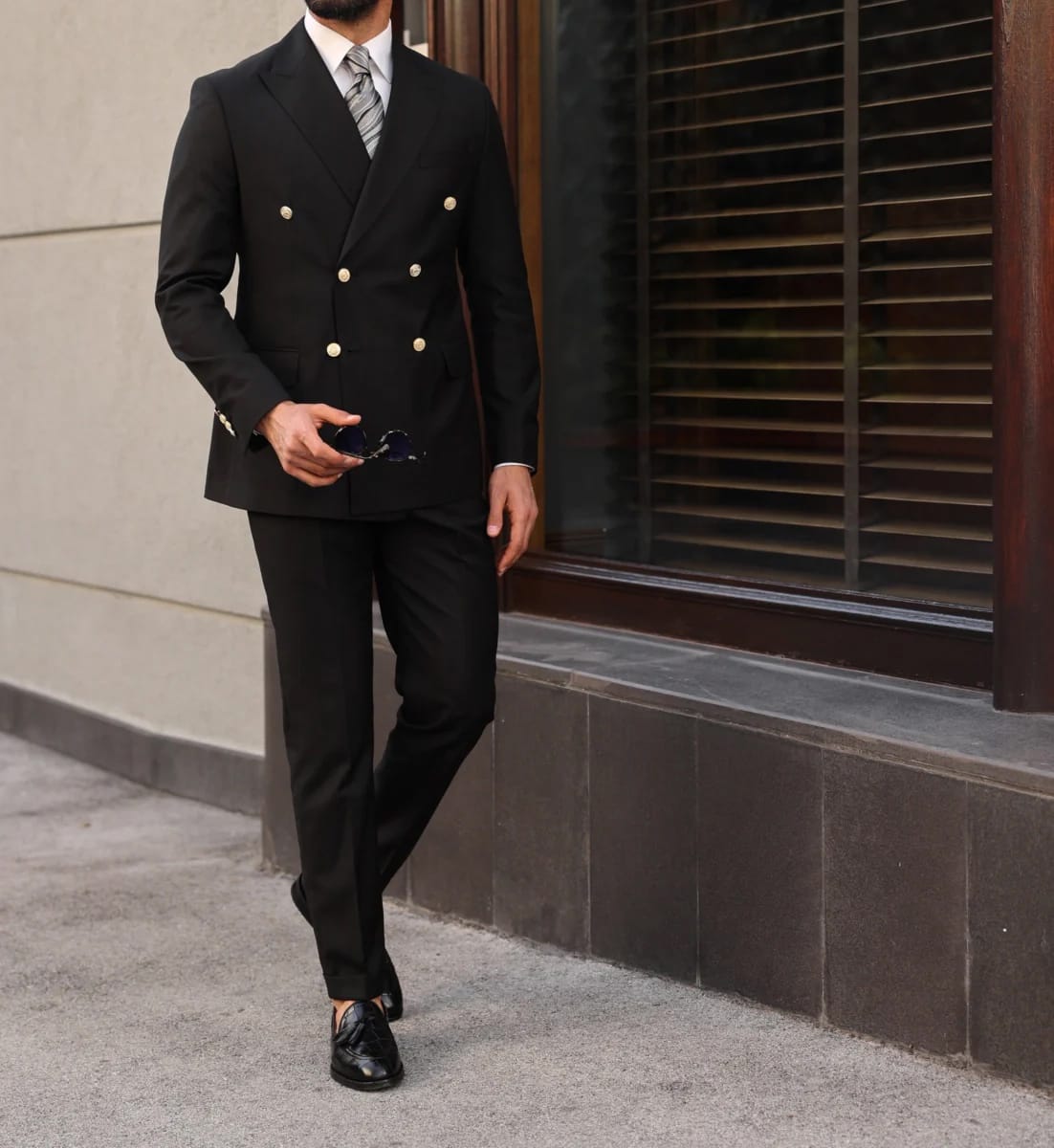 Keen's Mews Black Plain Slim Fit Double Breasted Suit - MrGuild