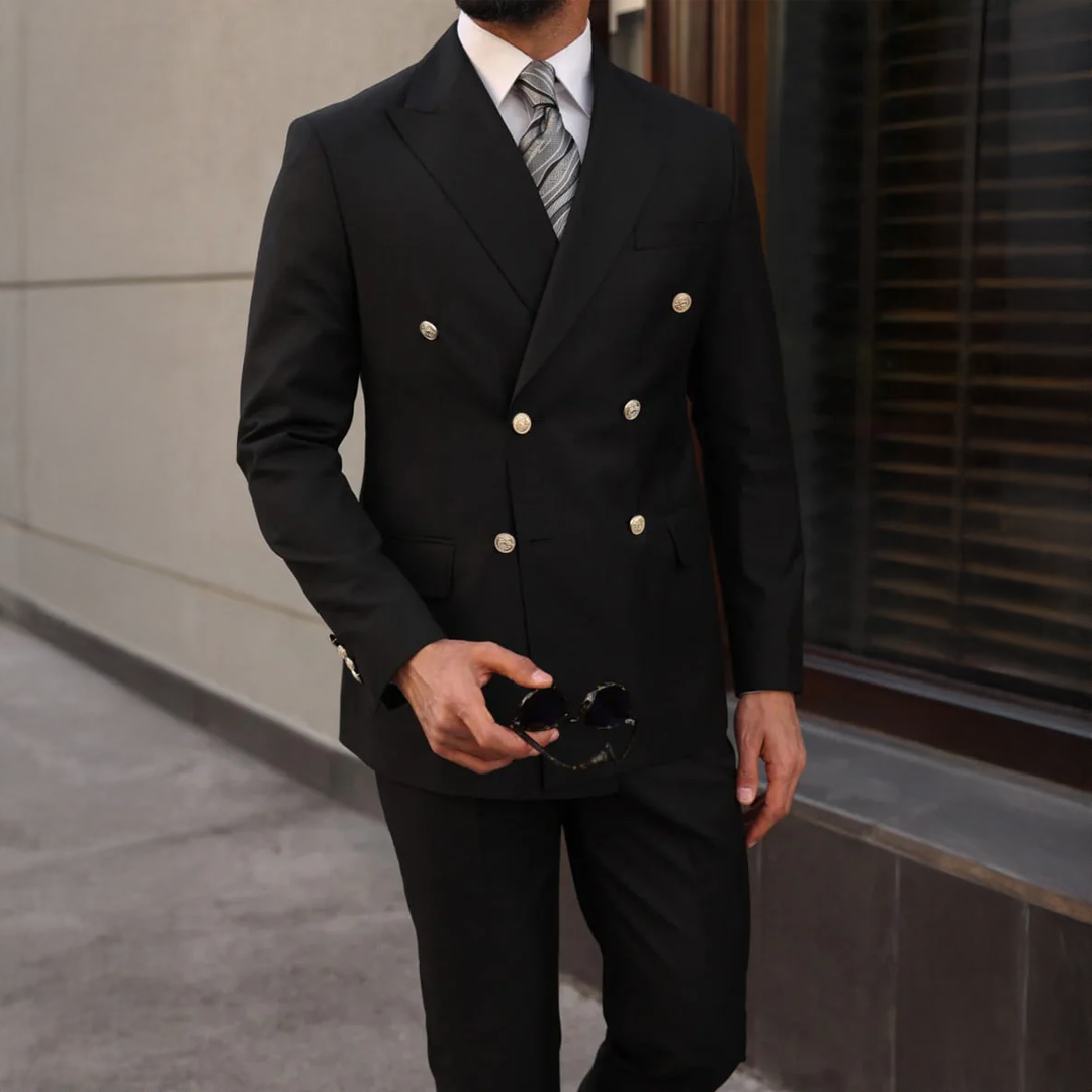 Keen's Mews Black Plain Slim Fit Double Breasted Suit - MrGuild