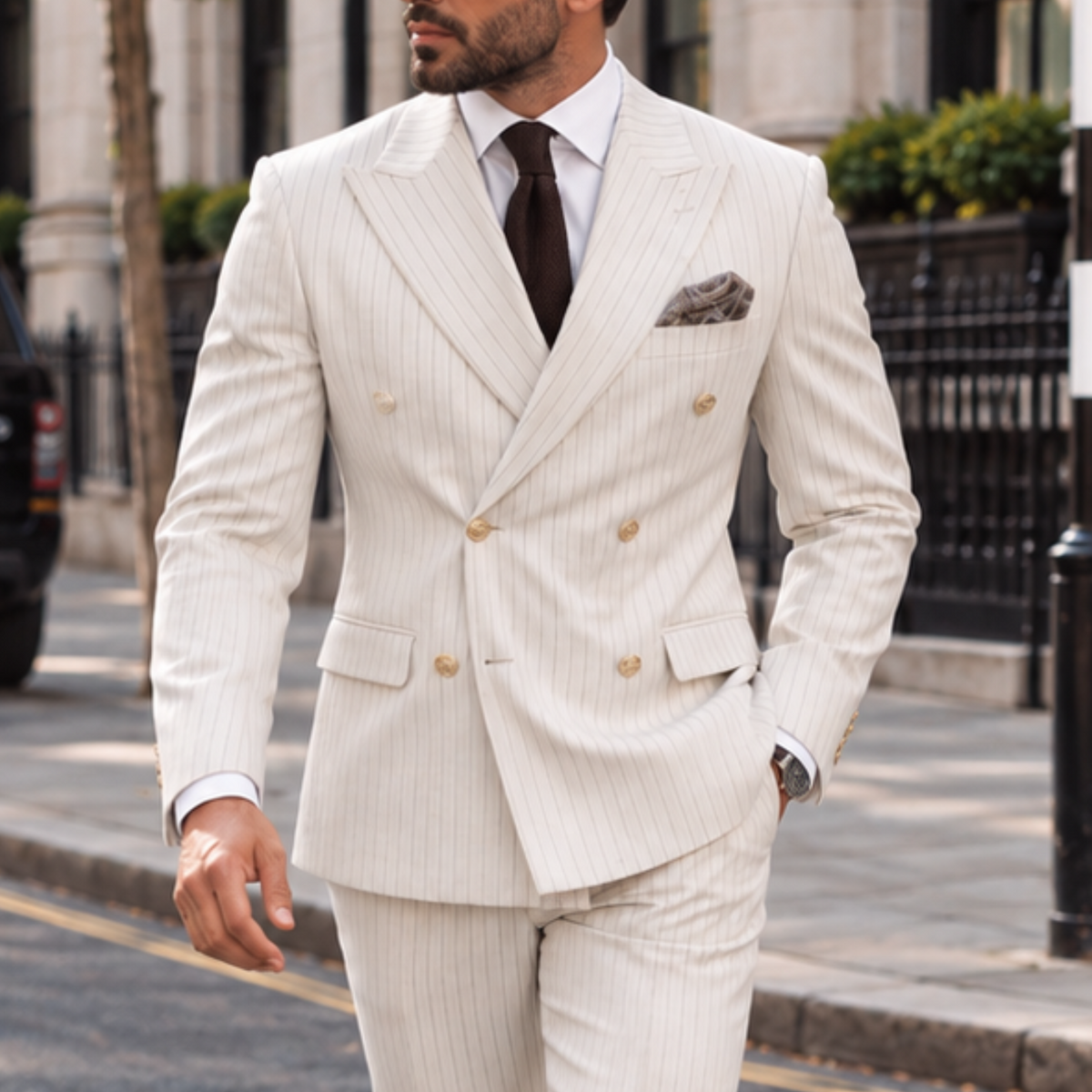 Farrow Lane Cream Pinstripe Slim Fit Double Breasted Suit