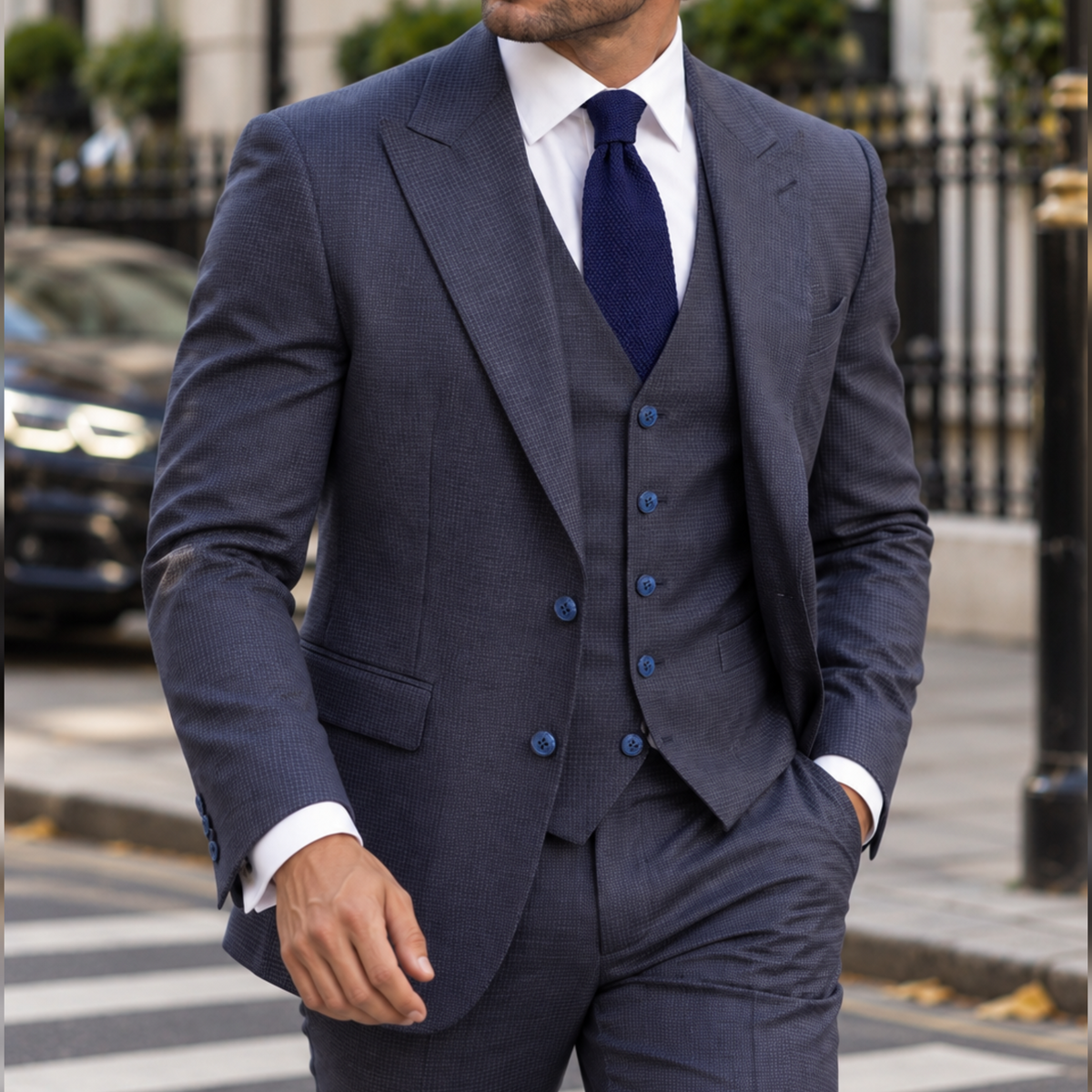 Jitters End Blue Chequered Slim Fit Three Piece Suit