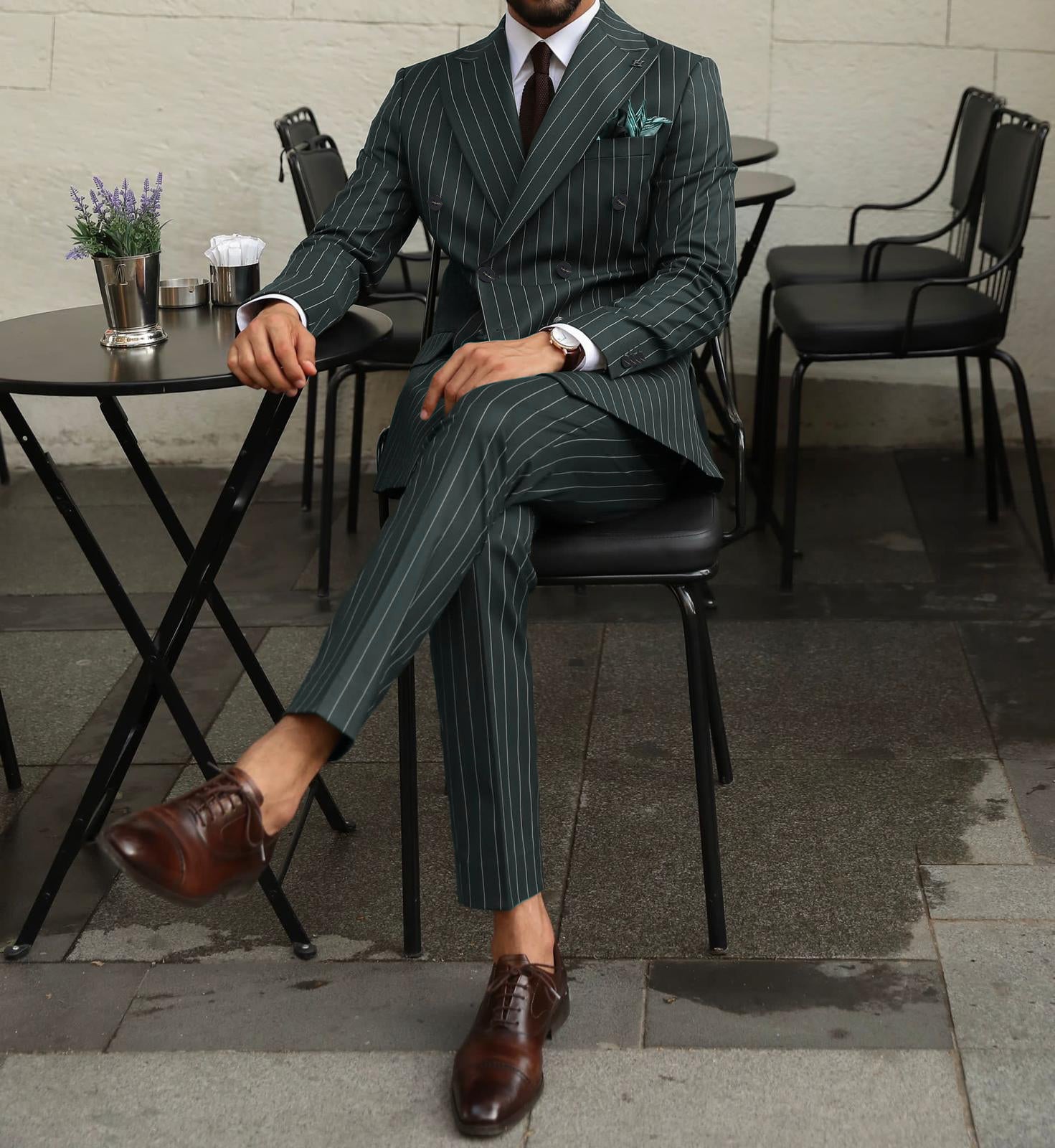Thorndike Street Green Pinstripe Slim Fit Double Breasted Suit