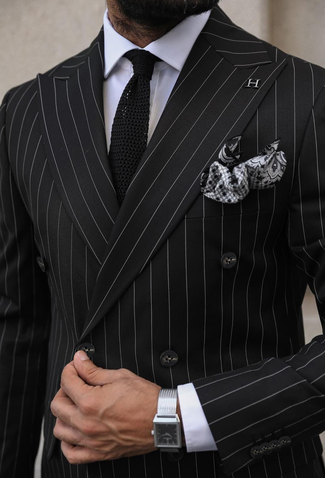 Tilson Gardens Black Pinstripe Slim Fit Double Breasted Suit | MrGuild