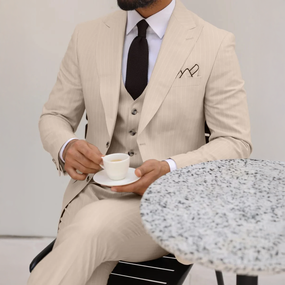 Vivian Grove Cream Pinstripe Slim Fit Three Piece Suit