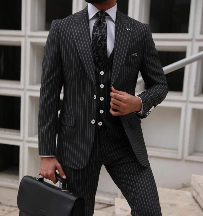 Stratford Slim fit all black pinstripe men's three piece suit with peak lapels