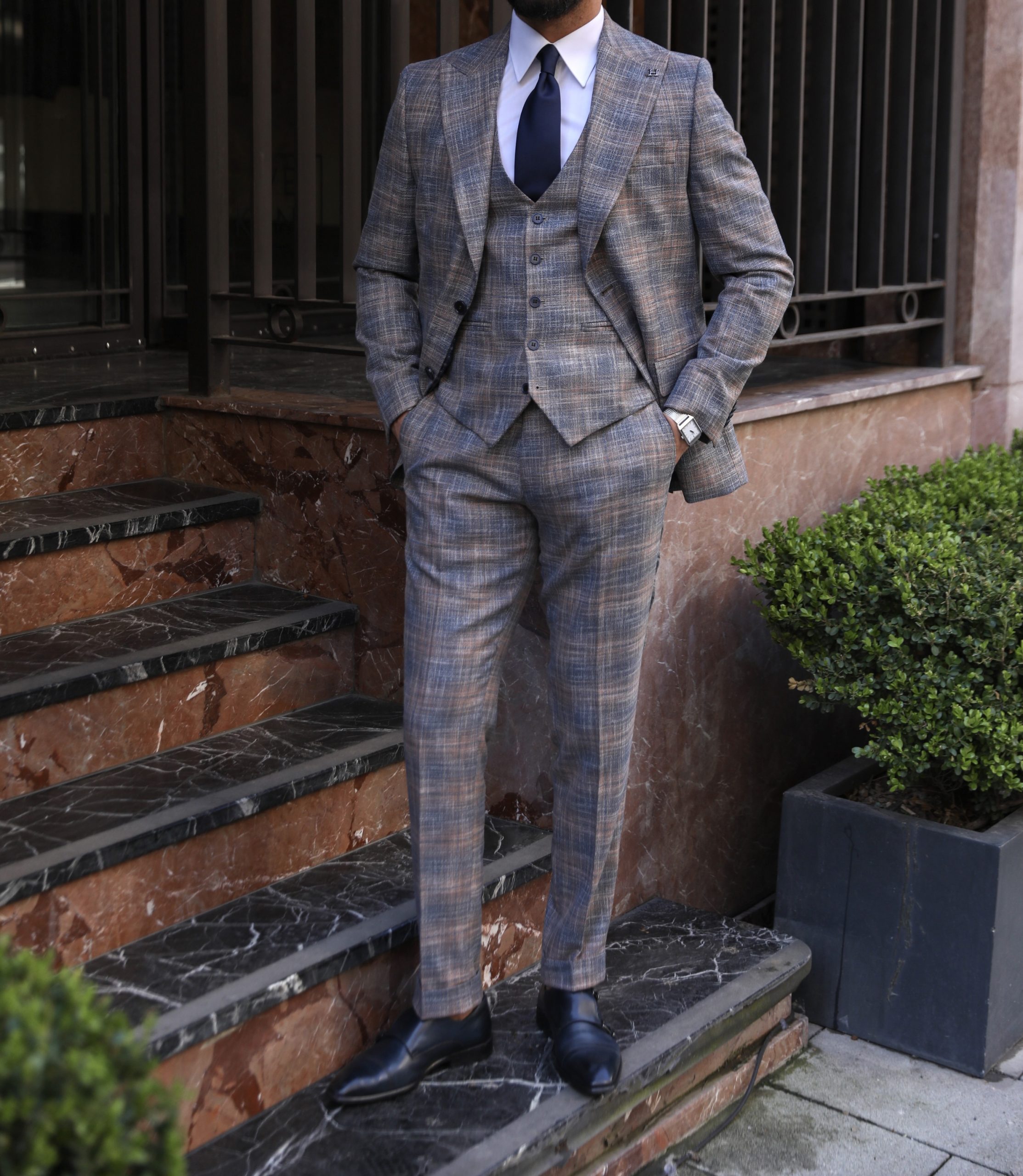 Mile End Slim Fit Checked Men’s Three Piece Suit | MrGuild