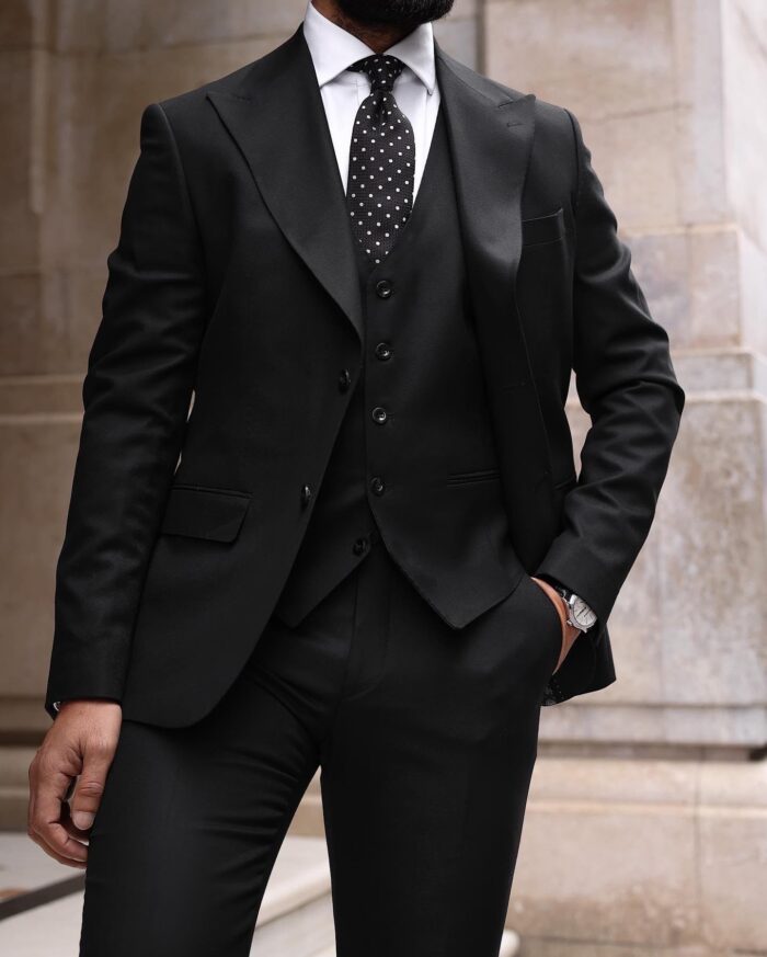 Harold Wood Slim fit black men's three piece suit with peak lapels