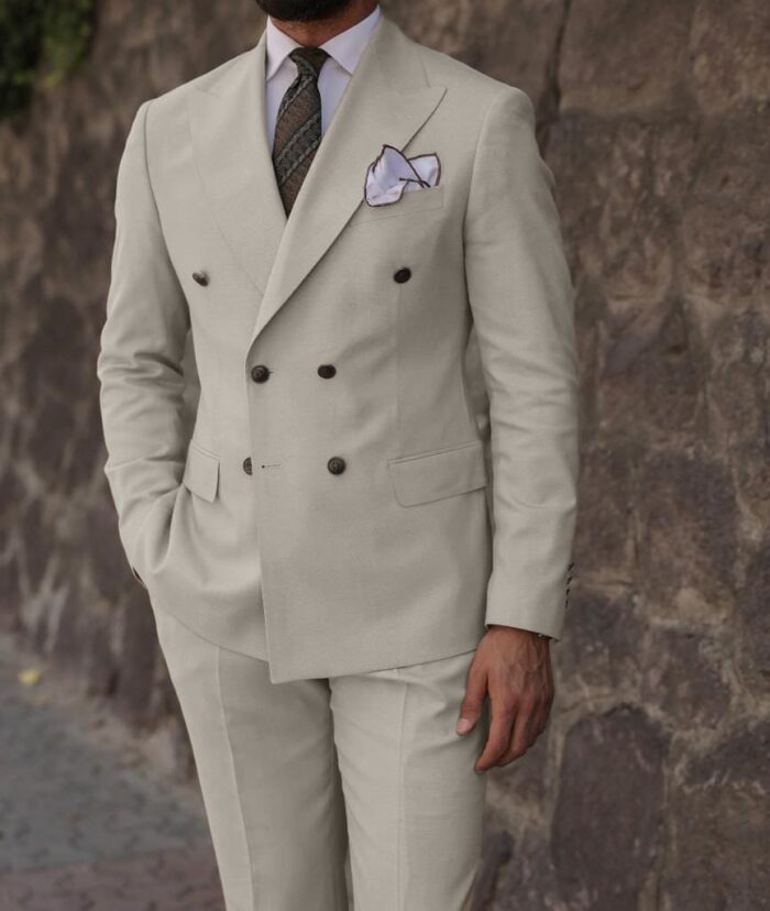 Coventry Tailored slim fit cream double breasted men’s suit WITH PEAK LAPEL DECORATIVE SILVER BUTTONS
