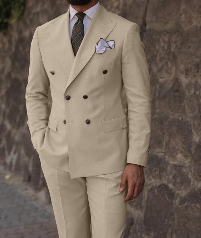 Coventry Tailored slim fit cream double breasted men’s suit WITH PEAK LAPEL DECORATIVE SILVER BUTTONS
