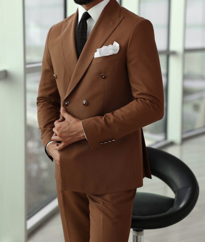 Blenheim Street Slim fit double breasted chocolate brown men's suit with peak lapels