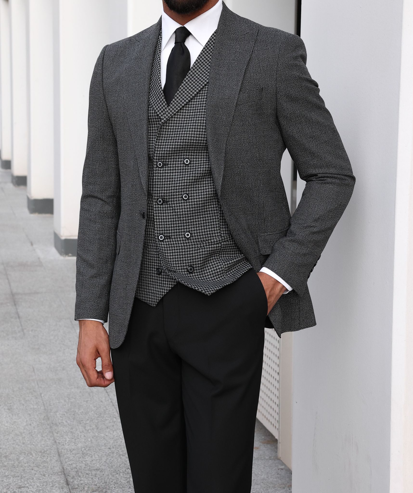 Charcoal Jacket and Trousers with Dark Grey Waistcoat  From 399  THE DROP