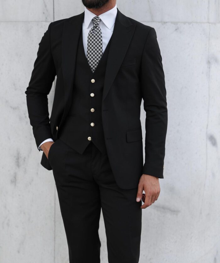Groveland Court Slim fit all black men's three piece suit with peak lapels