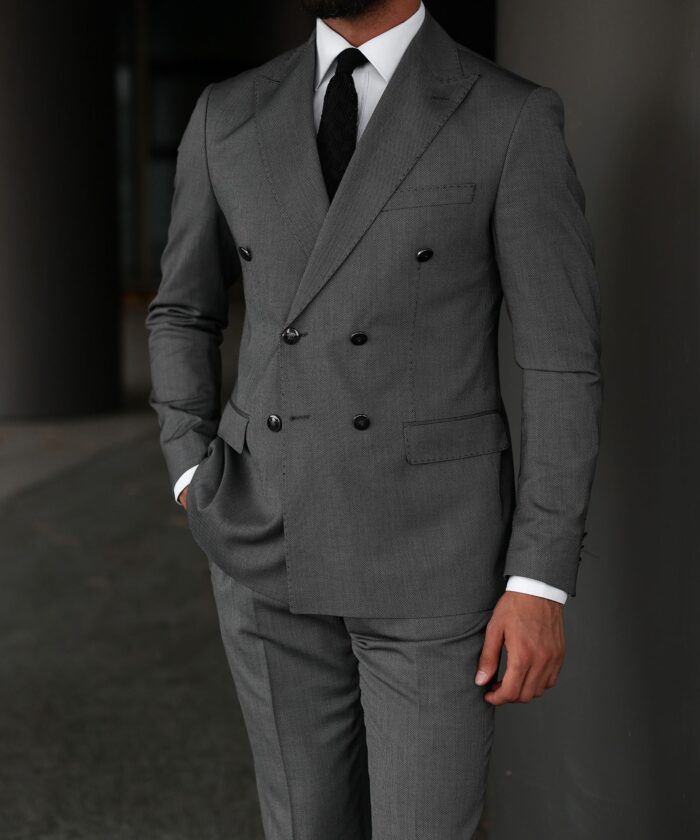 Paton Close <p>Slim fit double breasted Birdseye dark grey suit</p>

