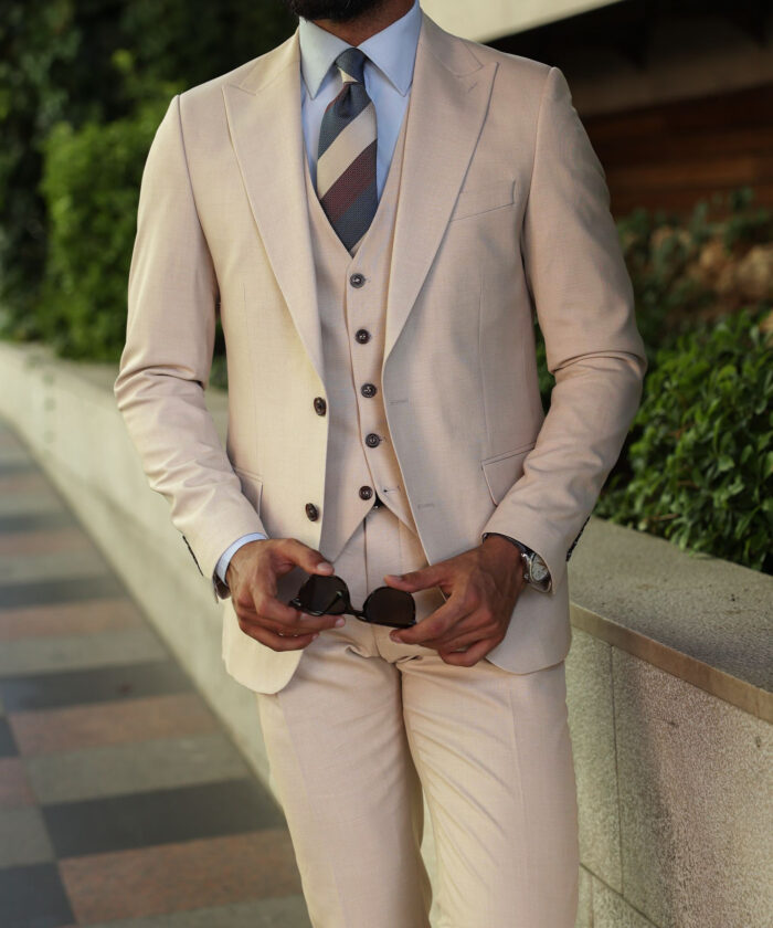 Rawson Street Slim fit plain all cream men's three piece suit with peak lapels
