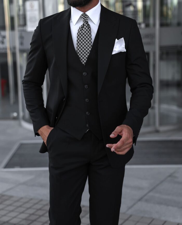 St. Olaves Terrace <p>Slim fit all black men’s three piece suit with peak lapels</p>