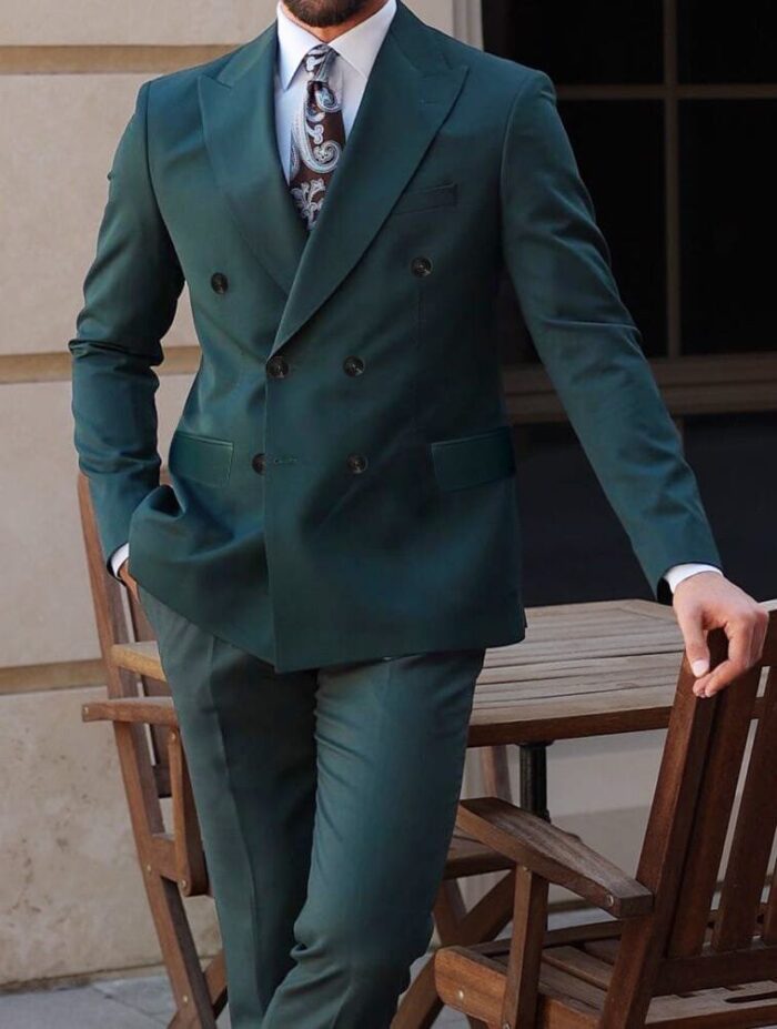 Grafton Yard Slim fit dark green double breasted two piece men's suit with peak lapels
