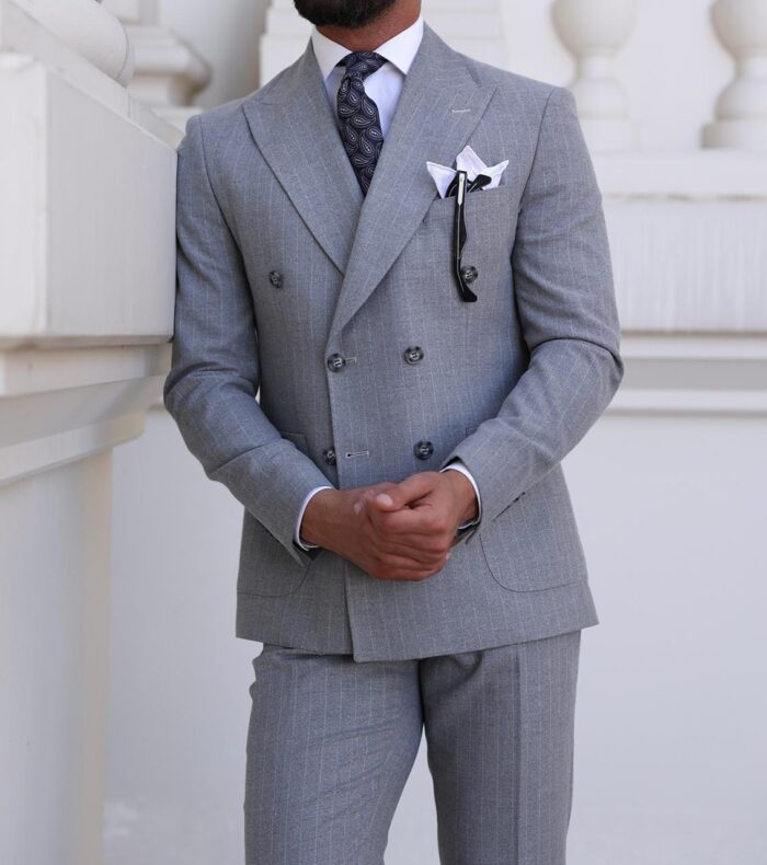 Bennett Grove <p>Slim fit double breasted pin stripe light grey suit</p>
