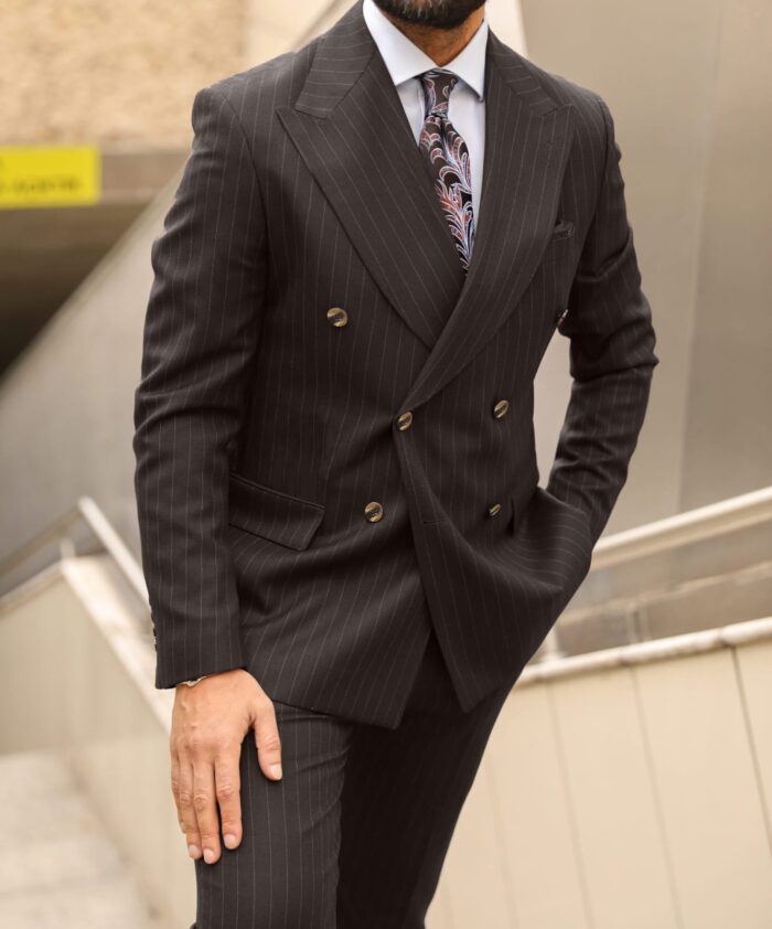 Spert Street Slim fit dark brown double breasted two piece men's suit with peak lapels