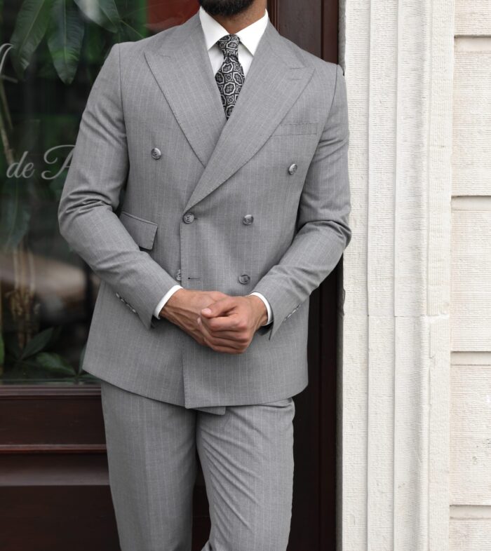 Daplyn Street Slim fit light grey double breasted two piece men's suit with peak lapels