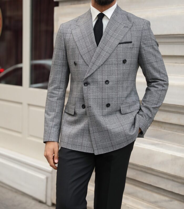 Dunbridge Place Slim fit light grey and black mixed double breasted men's suit with peak lapels