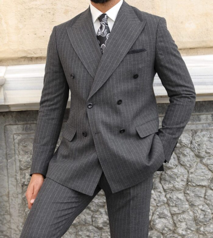 Providence Place Slim fit light grey pinstriped double breasted two piece men's suit with peak lapels