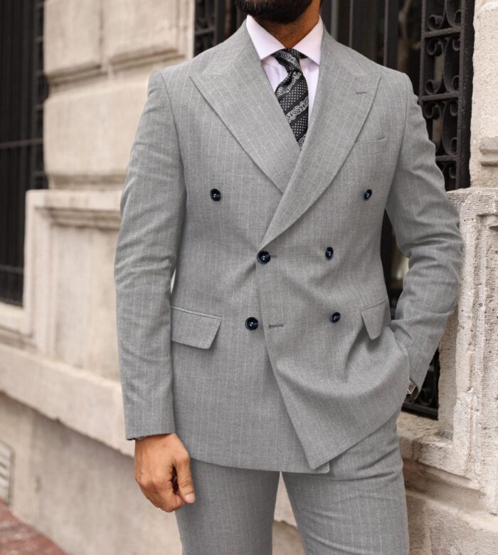 Sovereign Street Slim fit light grey pinstripe double breasted two piece men's suit with peak lapels