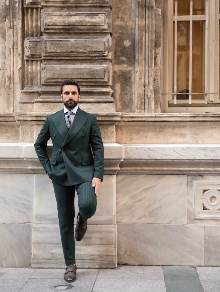 Lower Berkeley Street Slim fit forest green double breasted two piece men's suit with peak lapels