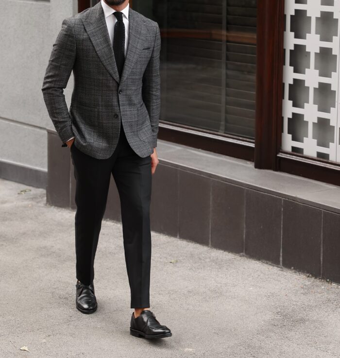 Portman Close Slim fit charcoal grey and black mixed two piece men's suit with peak lapels