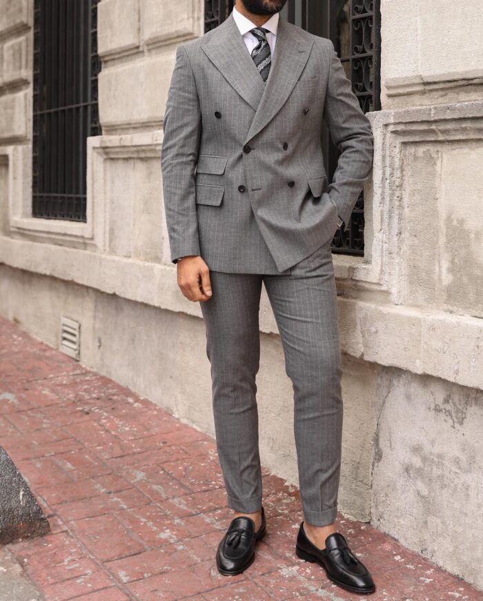 Sovereign Street Slim fit light grey pinstripe double breasted two piece men's suit with peak lapels