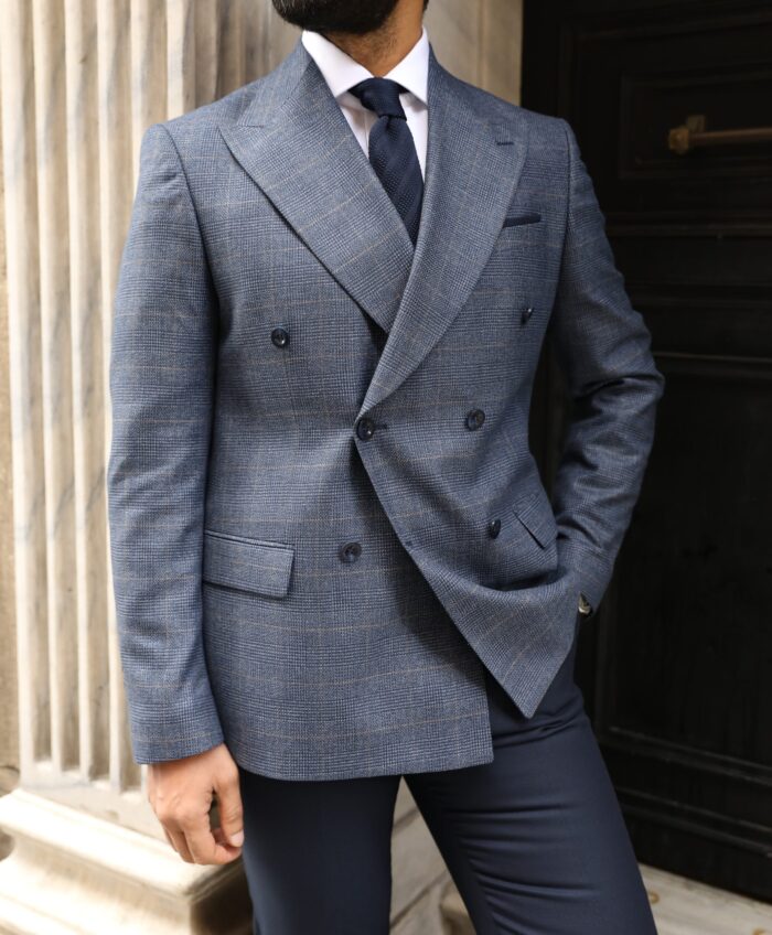 Victoria Rise Slim fit steel blue and navy blue trousers mixed double breasted men's suit with peak lapels