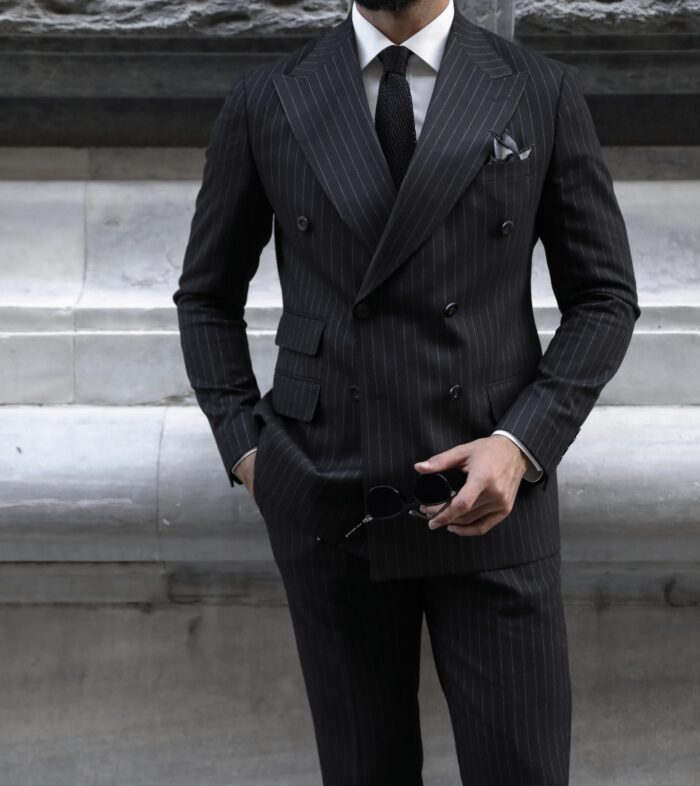 Willshaw Street Slim fit all black pinstripe double breasted two piece men's suit with peak lapels