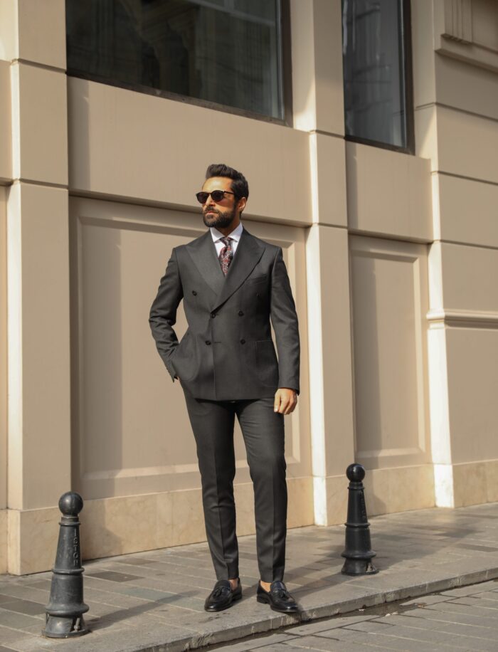 Woodstock Road Slim fit dark grey double breasted two piece men’s suit with peak lapels