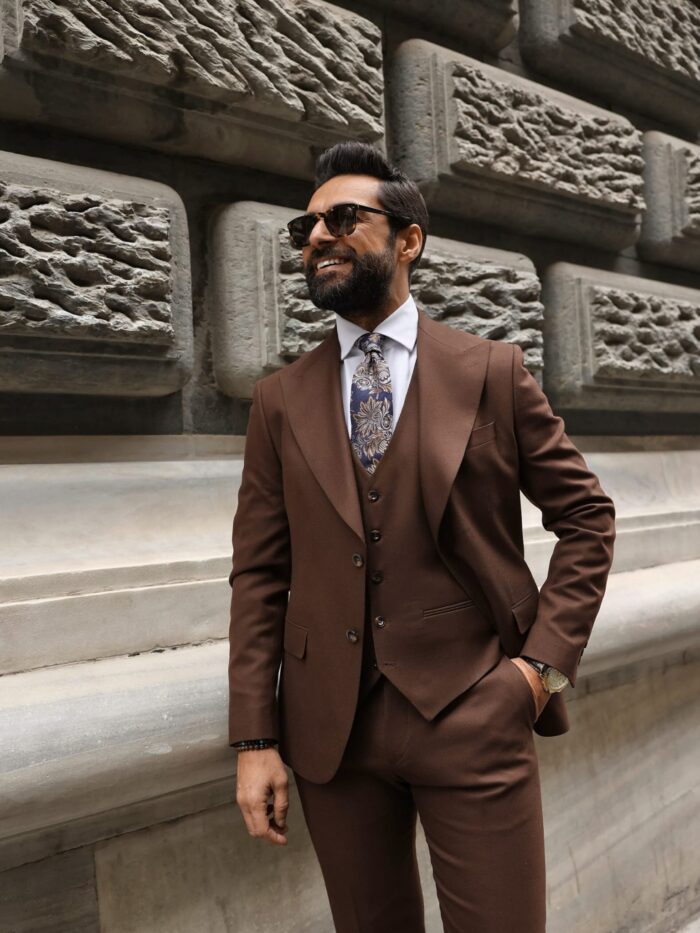 King's Road Slim fit chocolate brown three piece men's suit with peak lapels