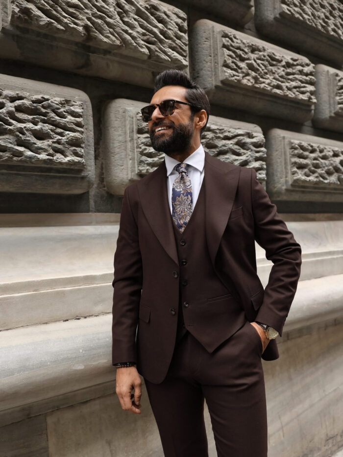 King's Road Slim fit chocolate brown three piece men's suit with peak lapels