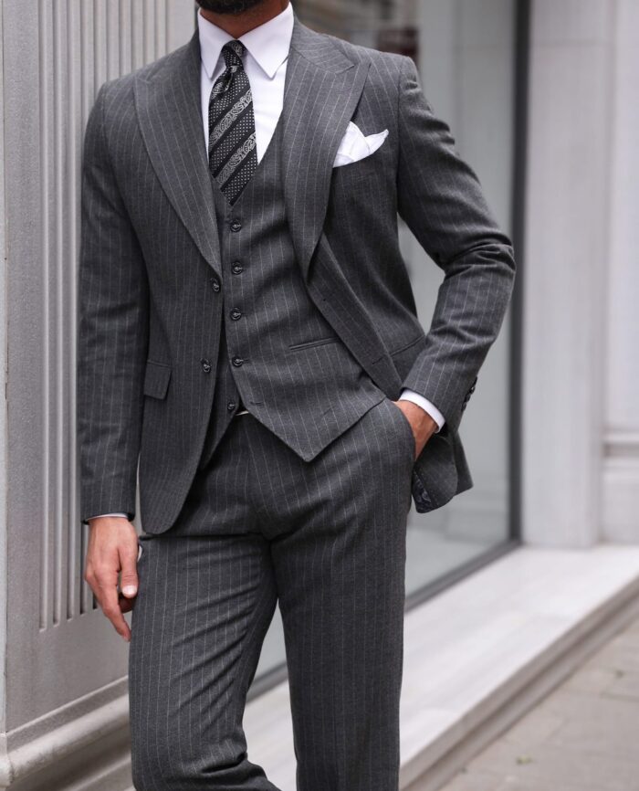 Modern Court Slim fit mid grey pinstripe three piece men’s suit with peak lapels