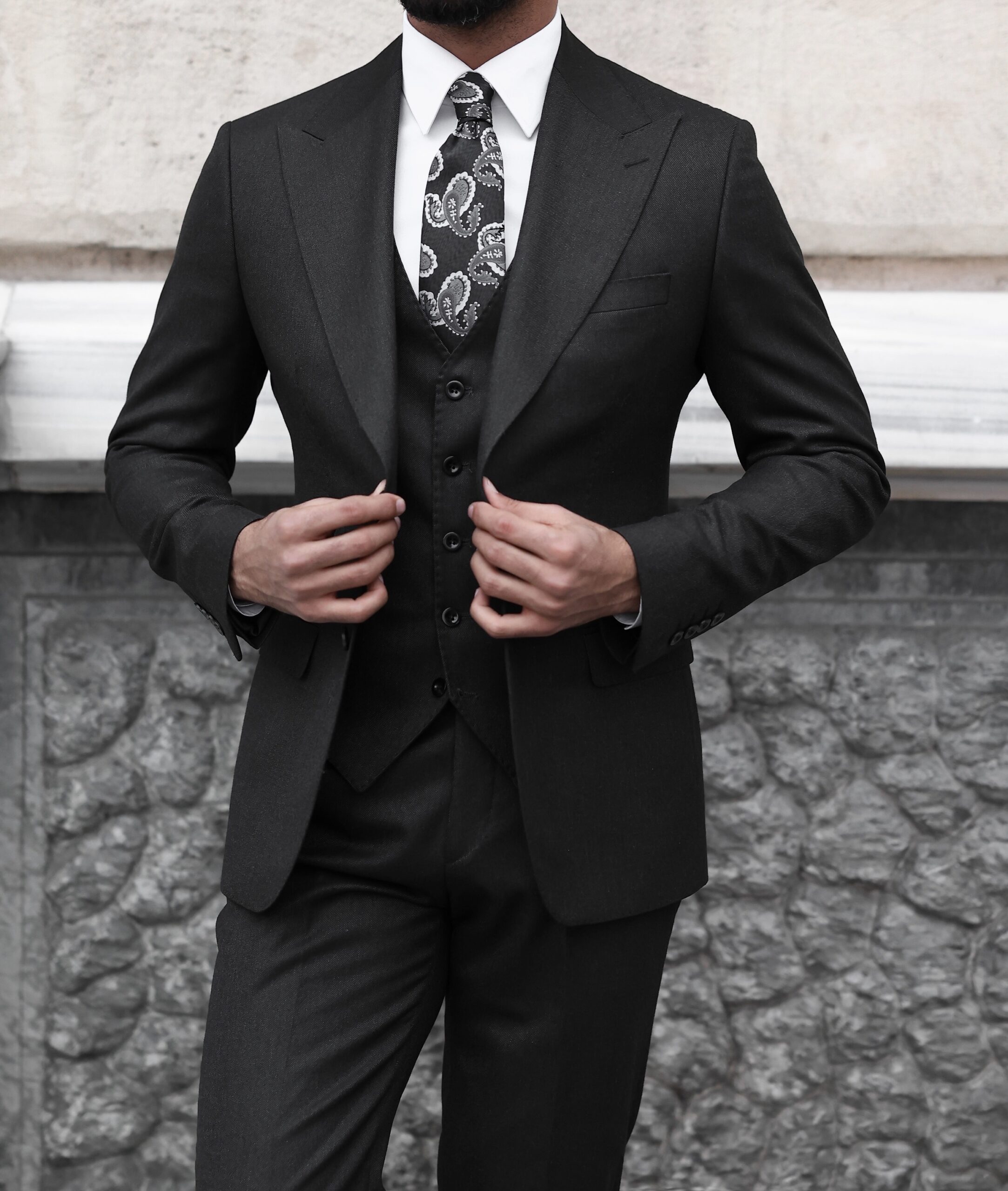 Lauderdale Place Slim Fit All Black Three Piece Men’s Suit With Peak ...