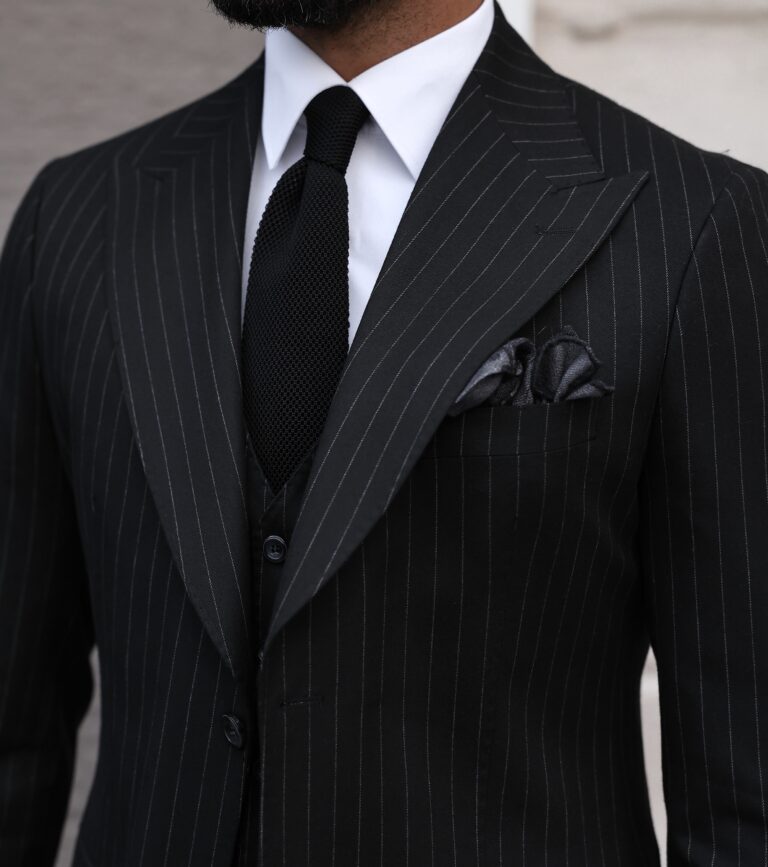 Magpie Alley Slim Fit All Black Pinstripe Three Piece Men's Suit With ...
