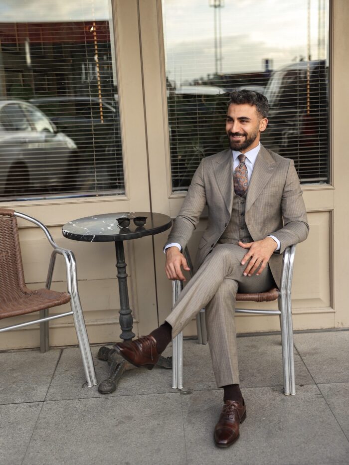 Martin Lane Slim fit light beige pinstripe three piece men's suit with peak lapels