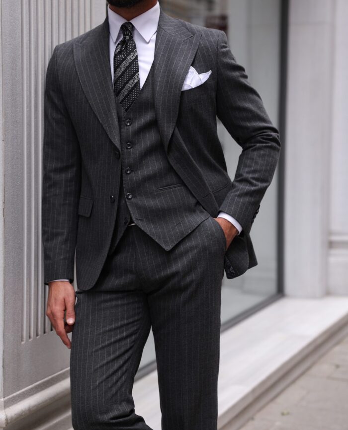 Modern Court Slim fit pinstripe charcoal grey three piece men's suit with peak lapels