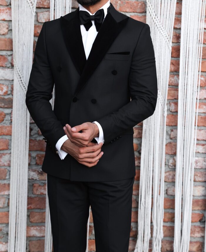Prince Phillip Slim fit all black double breasted two piece men's tuxedo suit with peak velvet lapels