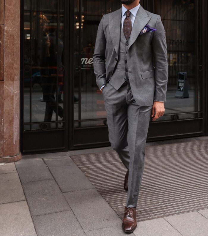 Rangoon Street Slim fit light grey pinstripe three piece men's suit with peak lapels