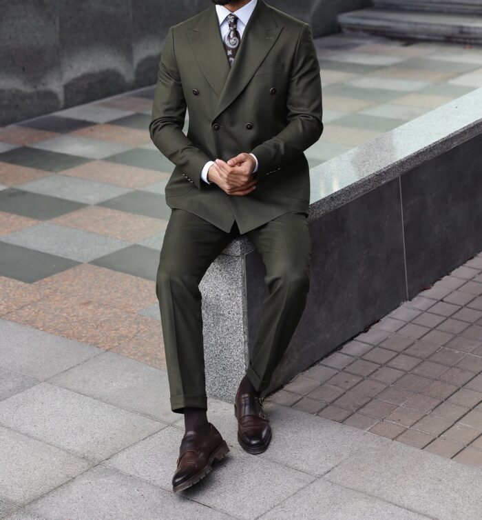 Turks Lane Slim fit khaki green double breasted two piece men's suit with peak lapels