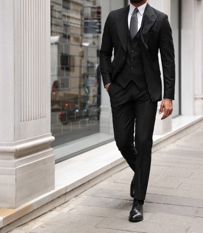 Union Court Slim Fit All Black Pinstripe Three Piece Men's Suit With ...