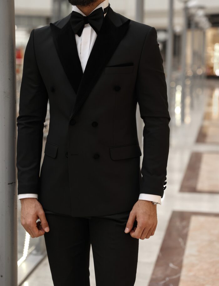 Francis Slim fit all black double breasted men's tuxedo suit with peak velvet lapels