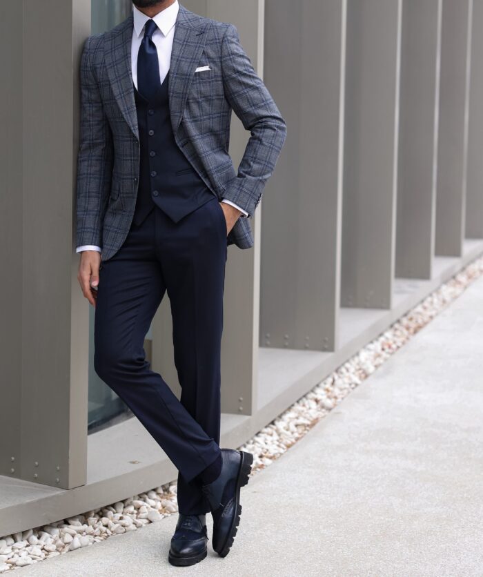 Babb's Lane Slim fit dark navy blue mixed combined men's three piece suit with peak lapels