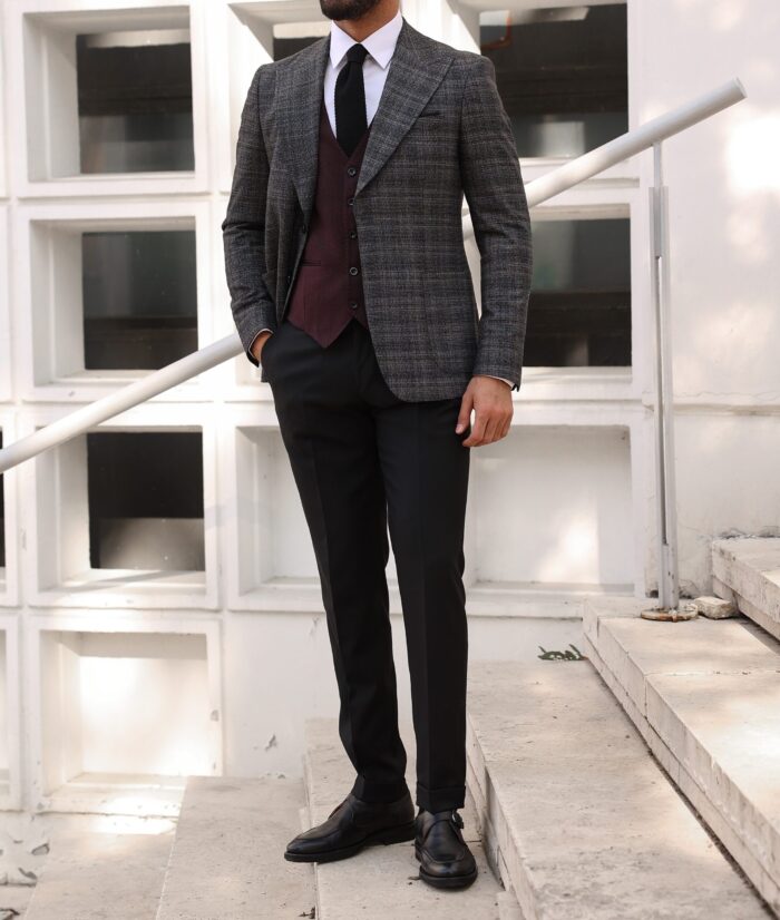 Buckingham Place Slim fit burgundy and light grey chequered mixed three piece men's suit with peak lapels