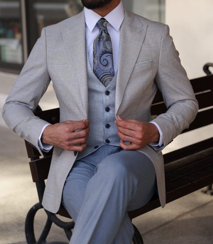 Donne Place Slim fit light grey and light blue chequered mixed three piece men's suit with peak lapels